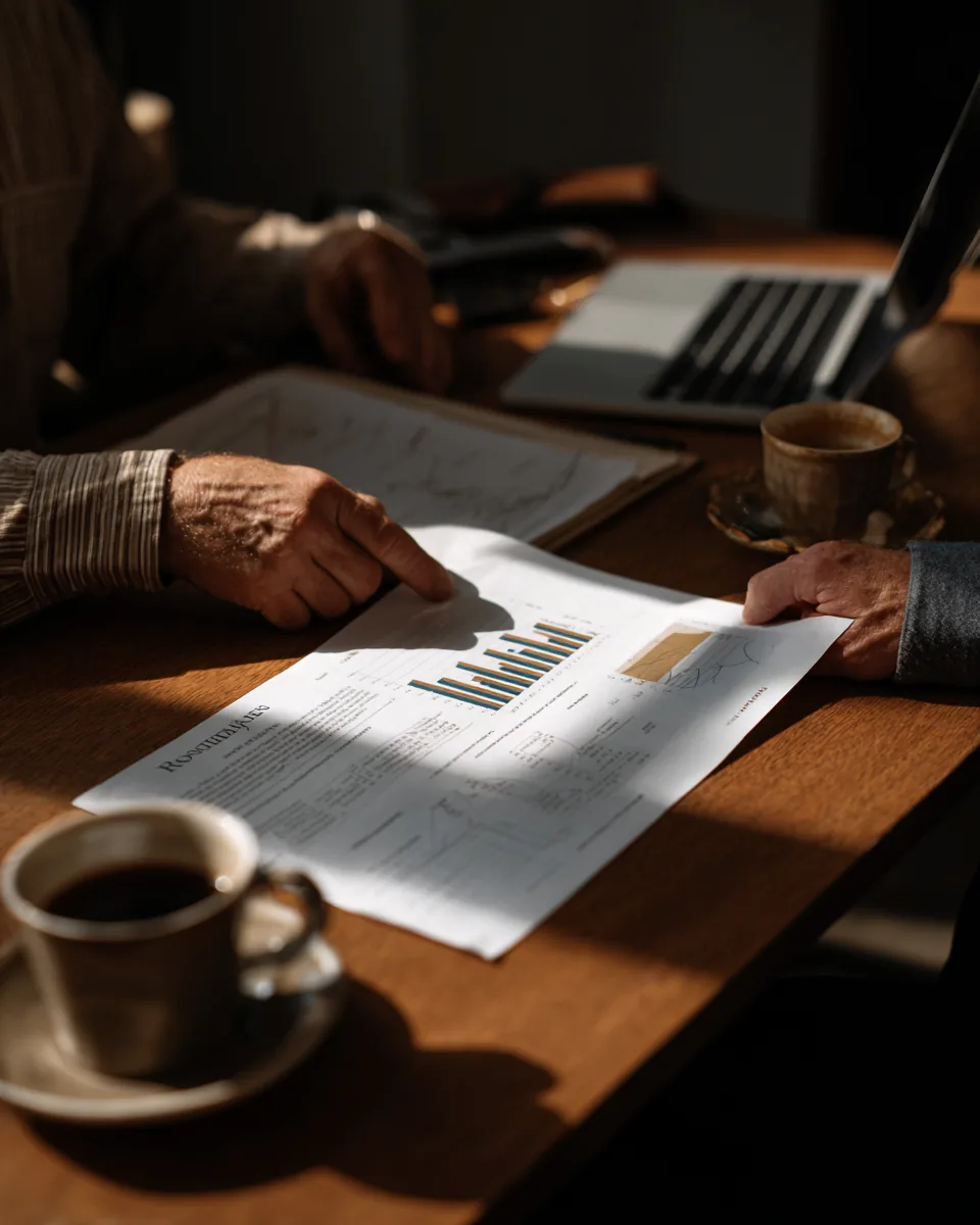 Two people reviewing a printed revenue report at a desk
